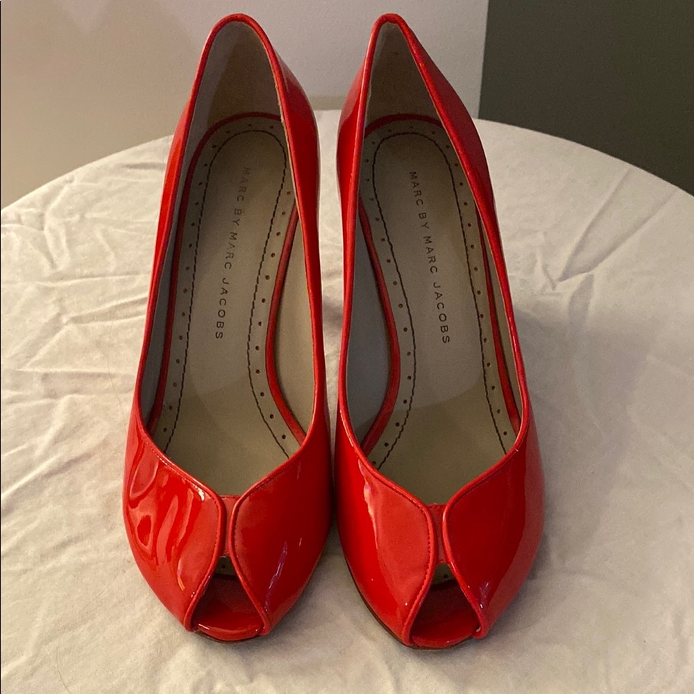 Marc Jacobs Red Satin Peep Toe Heels